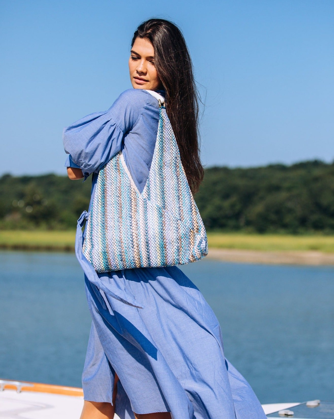 light blue and beige woven cotton hobo handbag