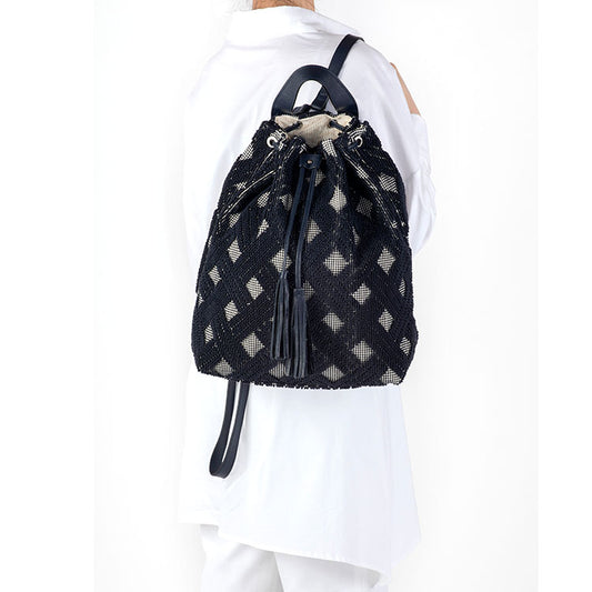 black cross-over basket woven cotton rucksack backpack