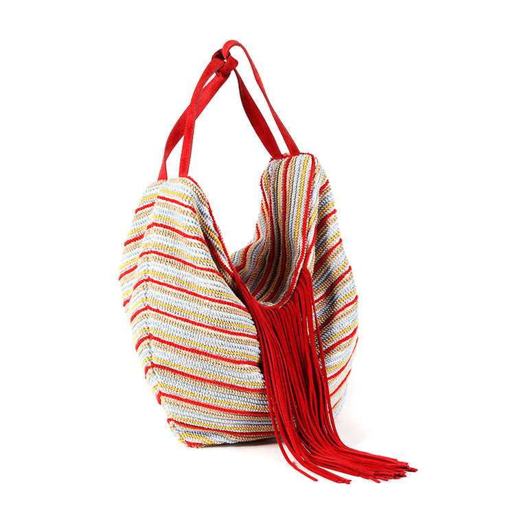 Italian red, camel, yellow and light blue striped woven big cotton tote