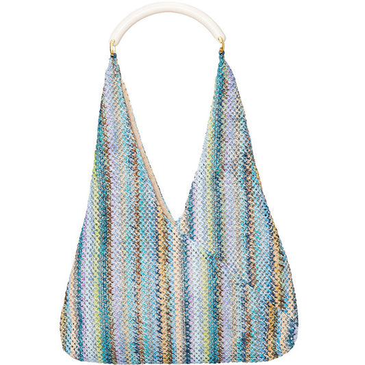 light blue and beige woven cotton hobo handbag