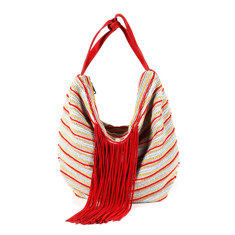 Italian red, camel, yellow and light blue striped woven big cotton tote